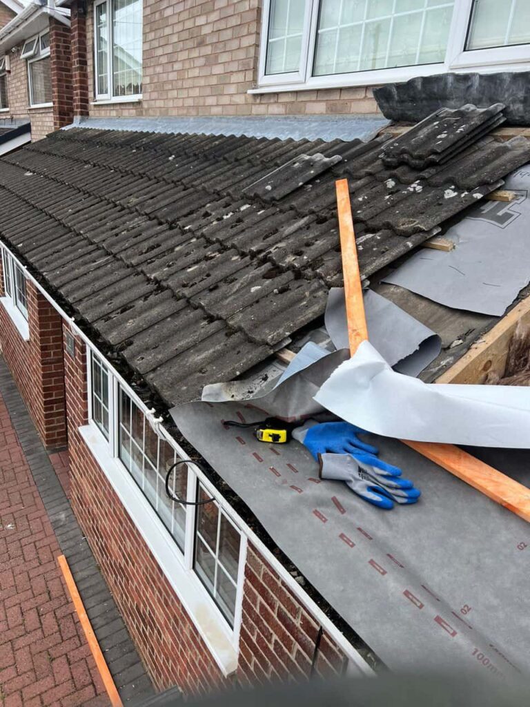 This is a photo of a pitched roof which is being repaired. The existing roof was leaking badly. Works carried out by MCM Roofing Repairs Wimborne